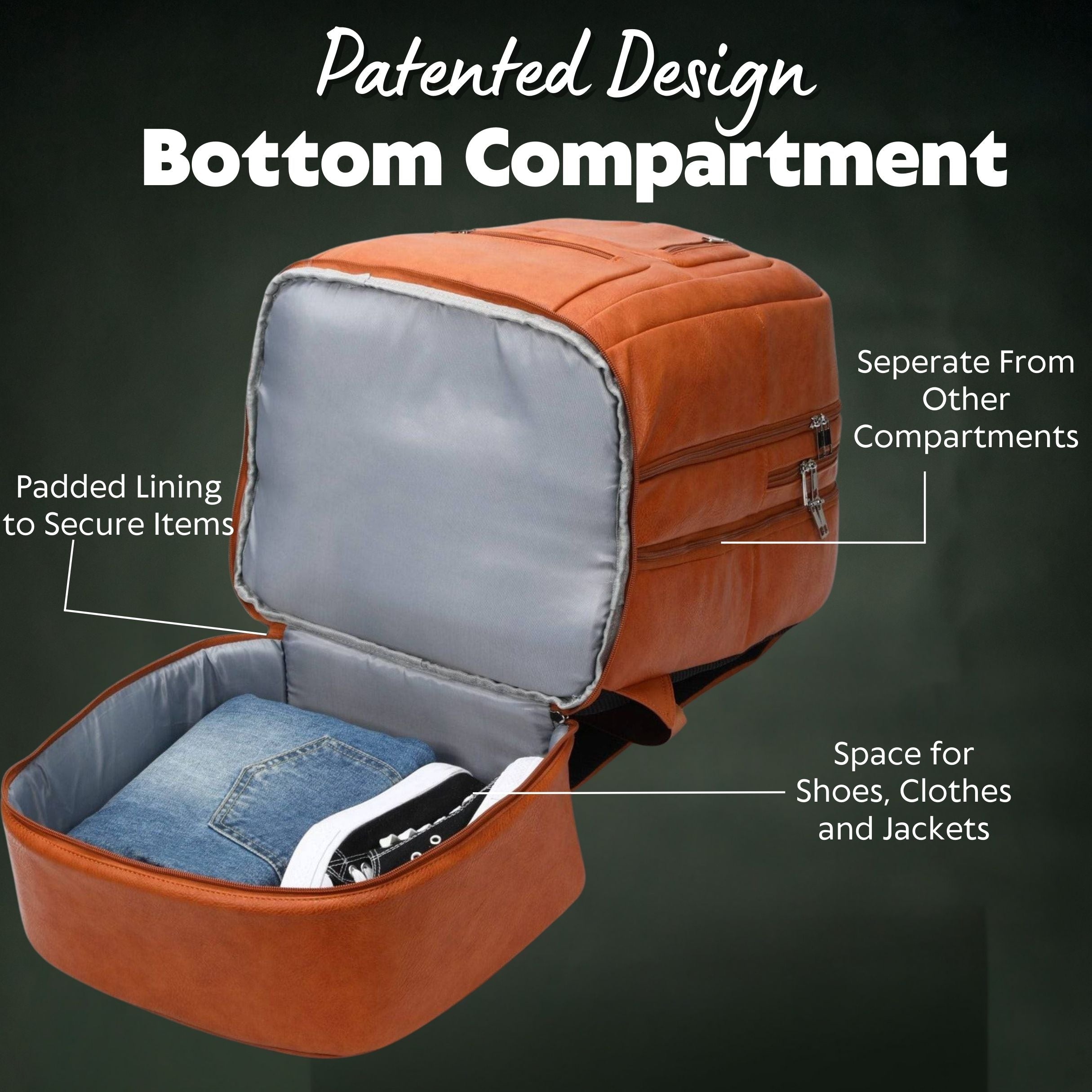 Orange backpack with open bottom compartment on a dark background