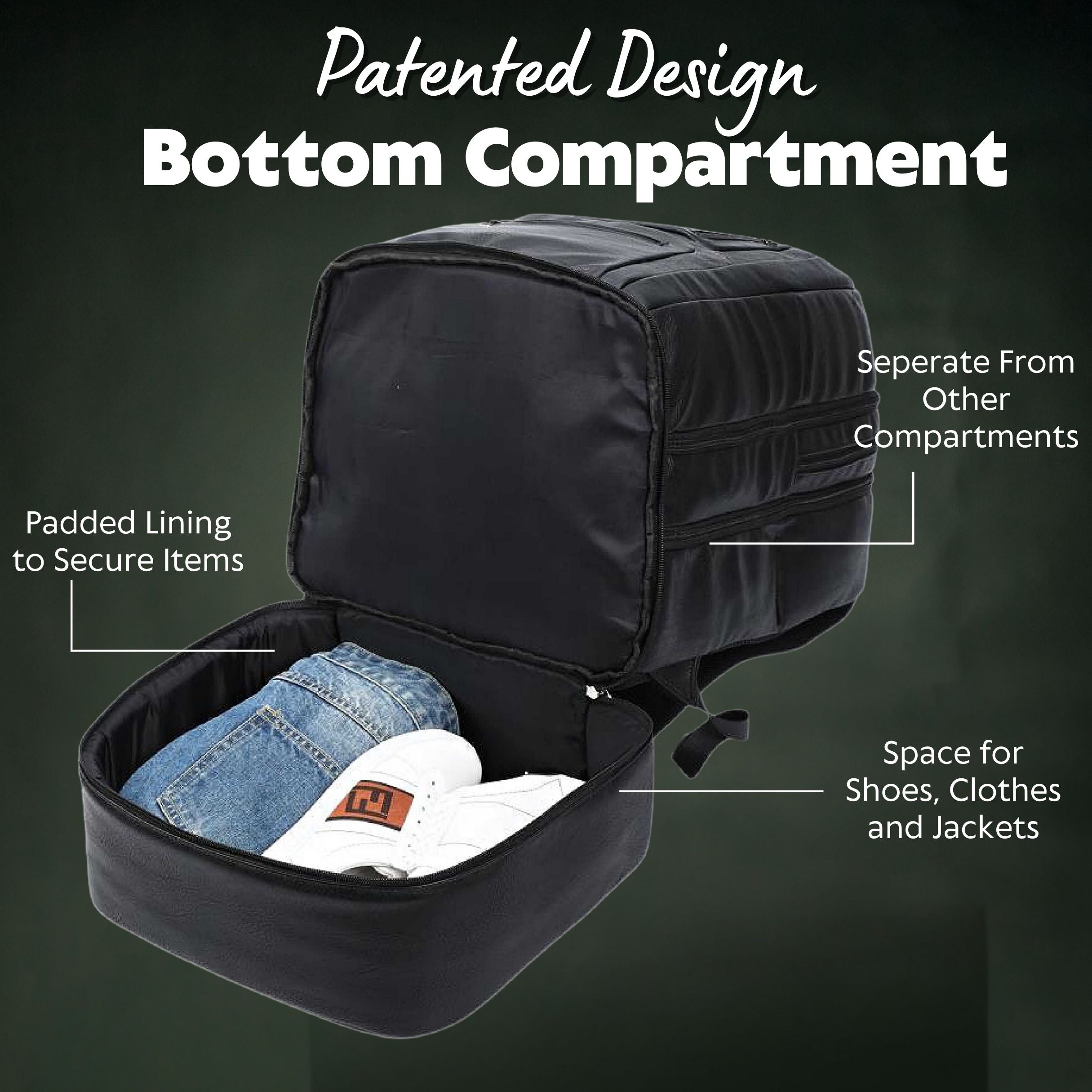 Black travel bag with labeled compartments on a dark background