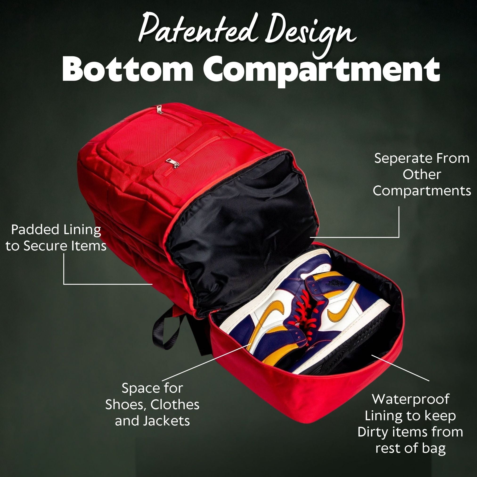 Red backpack with open compartment showing a sneaker, labeled features on a dark background