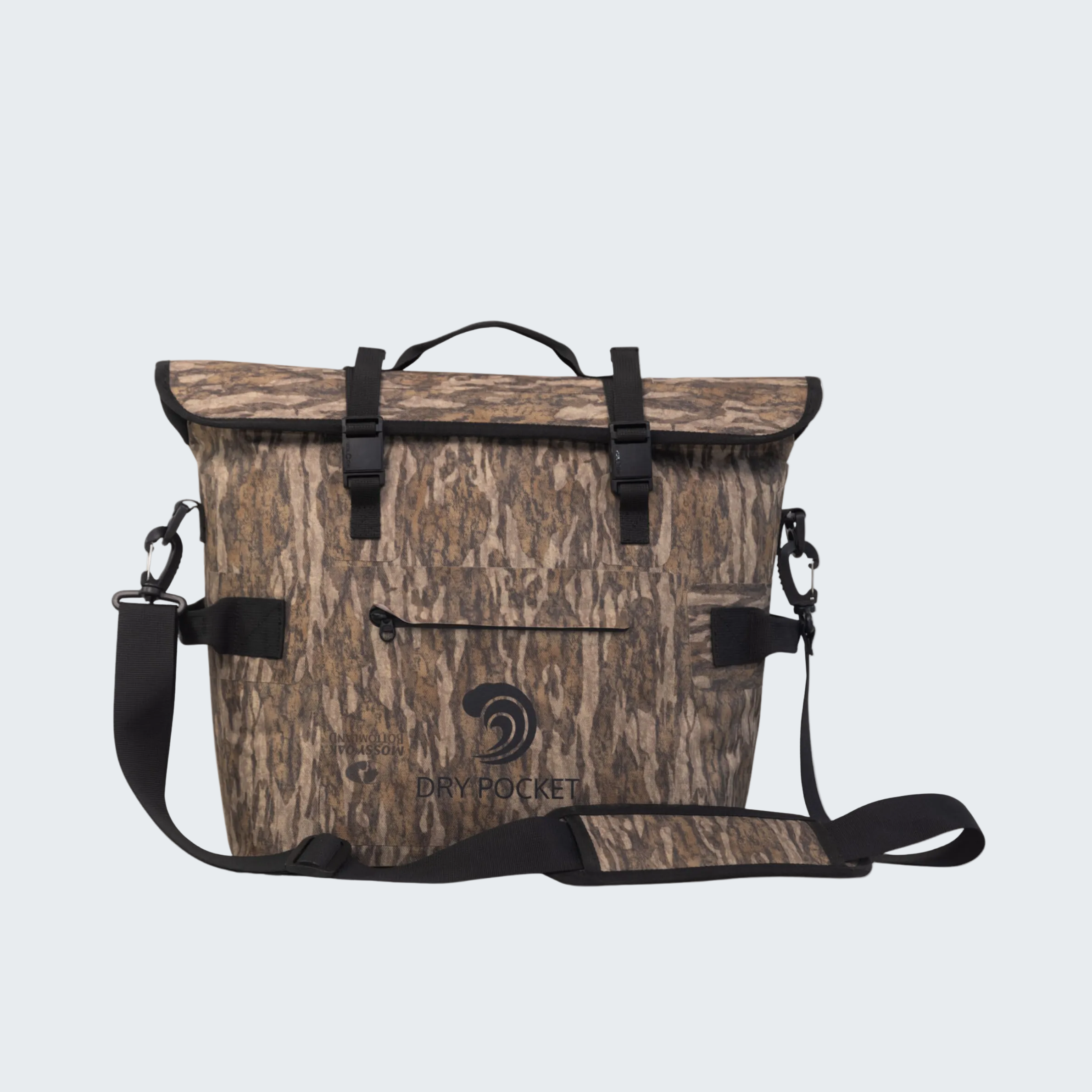 Mossy oak patterned bag with black straps on a white background