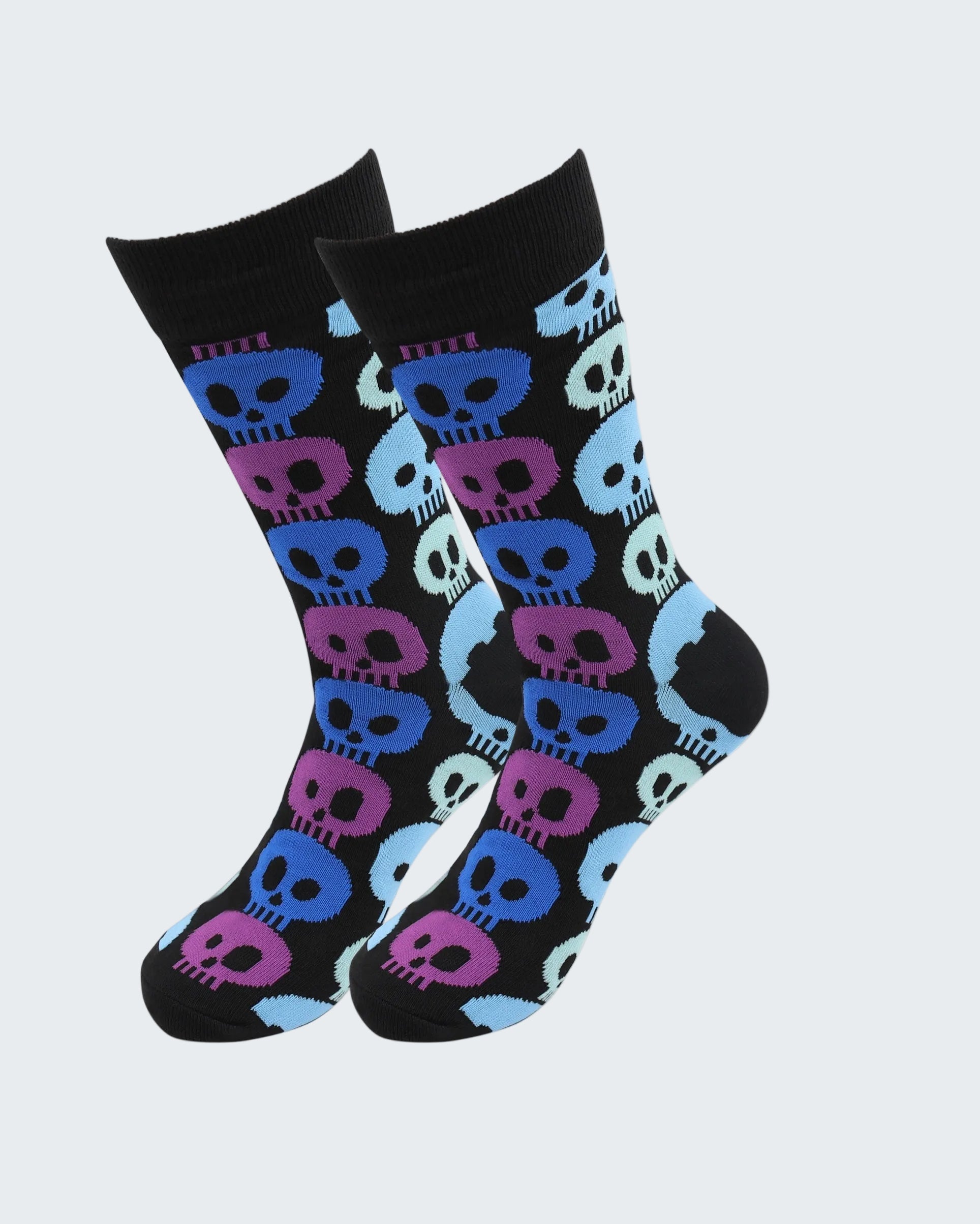 Black socks with colorful skull pattern on a white background