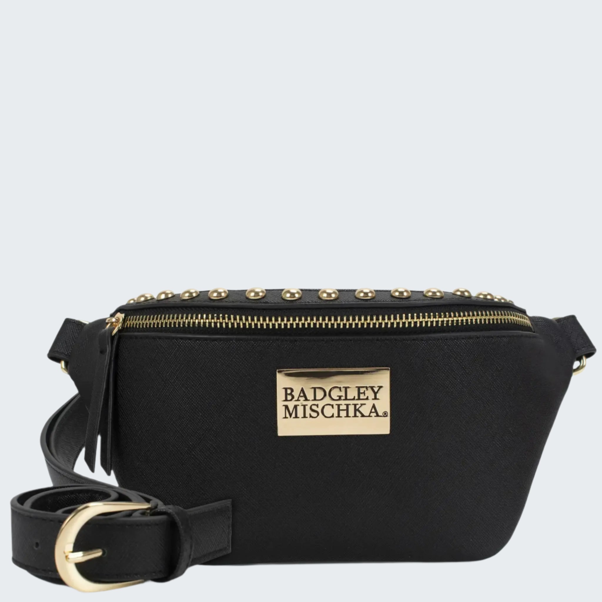 Black waist bag with gold accents and Badgley Mischka logo on a white background