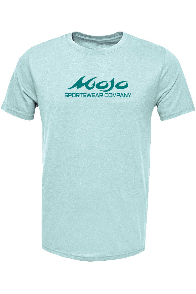 Light blue t-shirt with 'Mojo Sportswear Company' logo on a white background