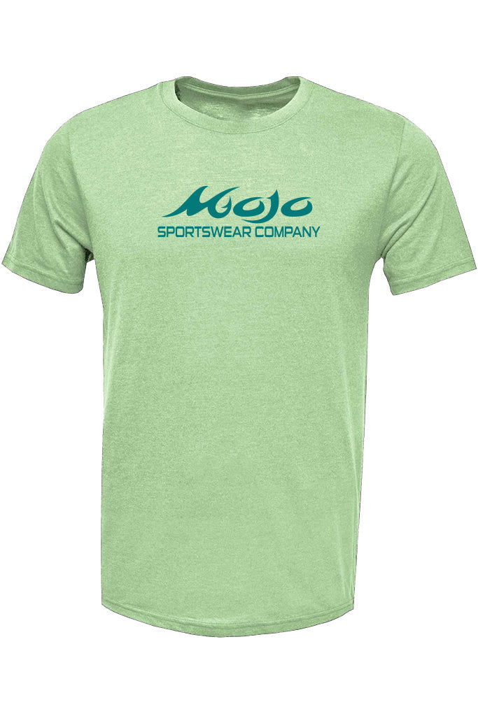 Green t-shirt with 'Mojo Sportswear Company' logo on a white background