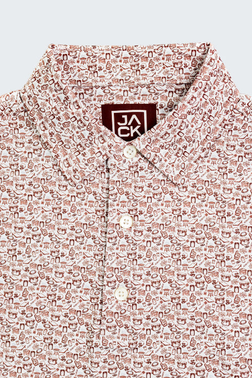 Patterned shirt with a brand logo on a white background