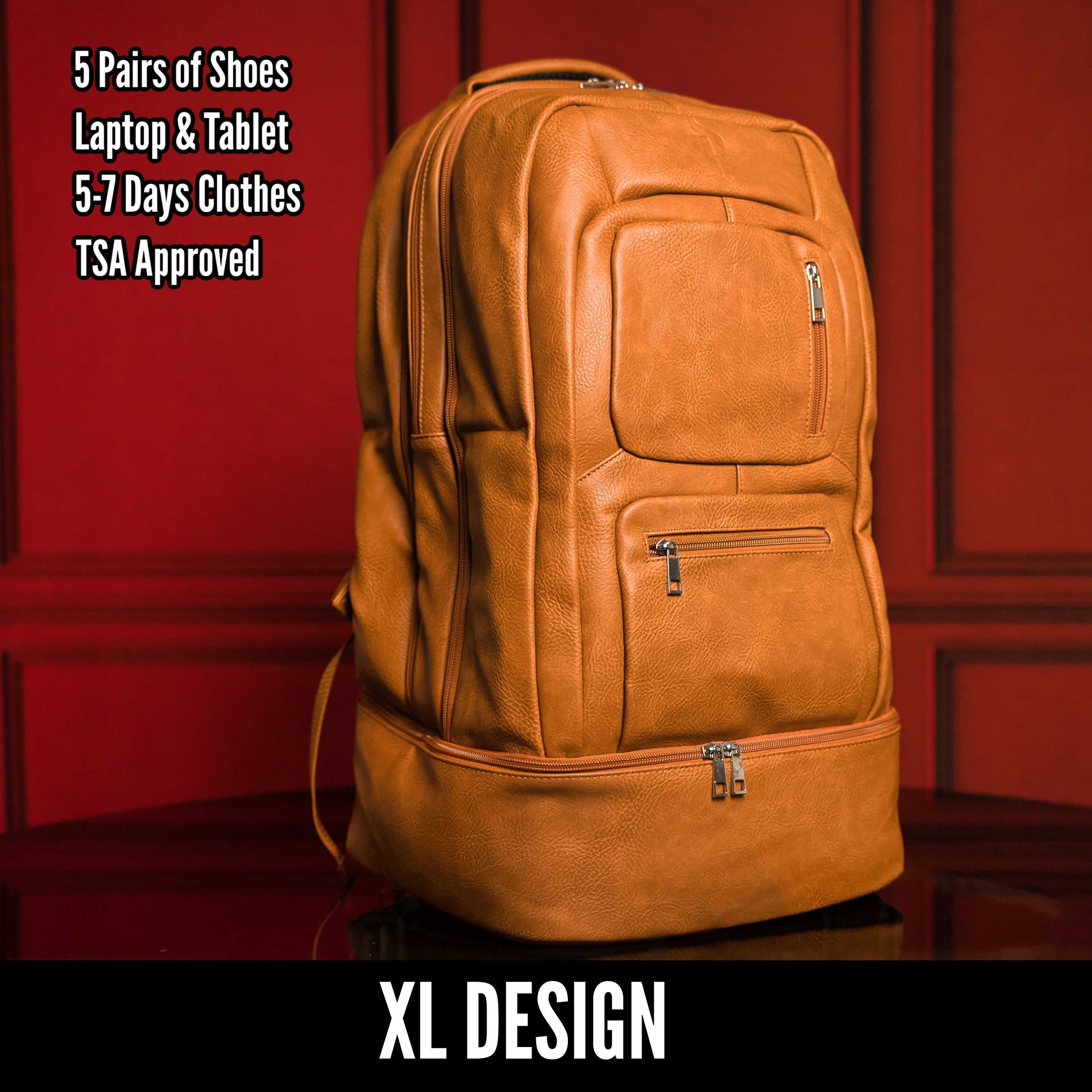 Brown leather backpack on a red background with text about its features.