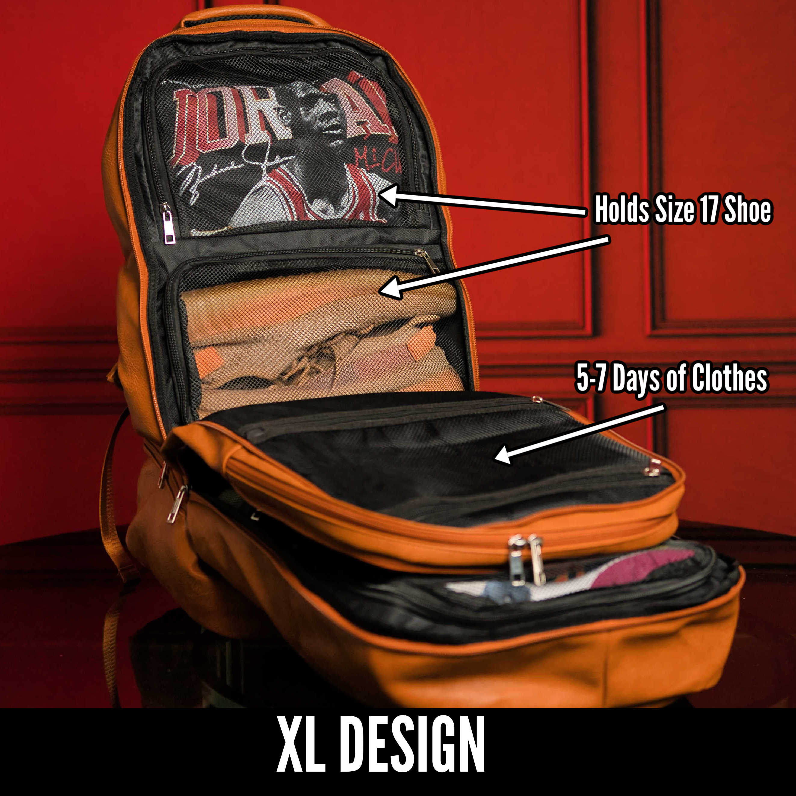 Orange backpack with labeled compartments on a red background