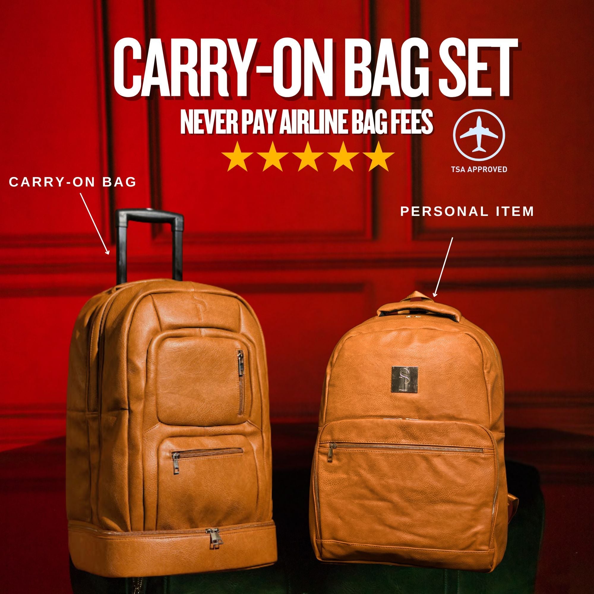Two brown leather backpacks with text about airline bag fees and approval on a red background