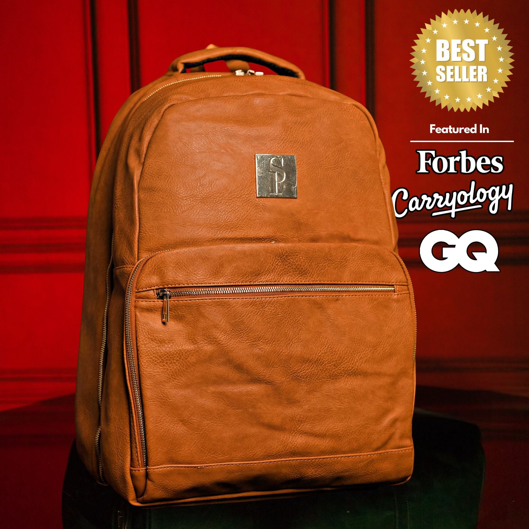 Brown leather backpack with a visible brand logo on a red background, featuring 'Best Seller' and magazine references.