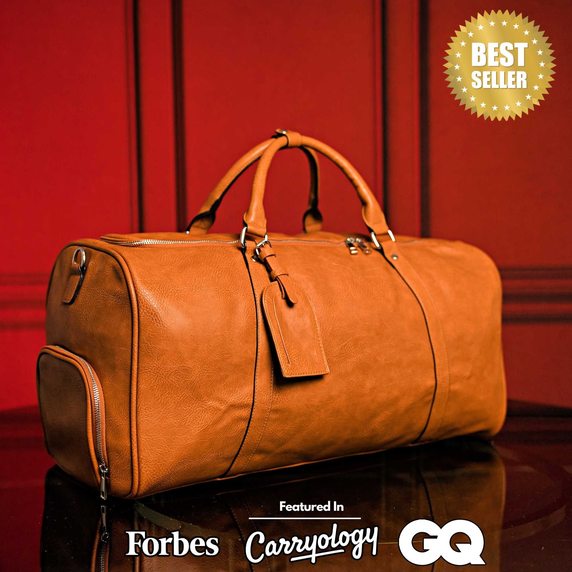 Brown leather duffel bag on a reflective surface with a red background, featuring 'Best Seller' badge and magazine logos.
