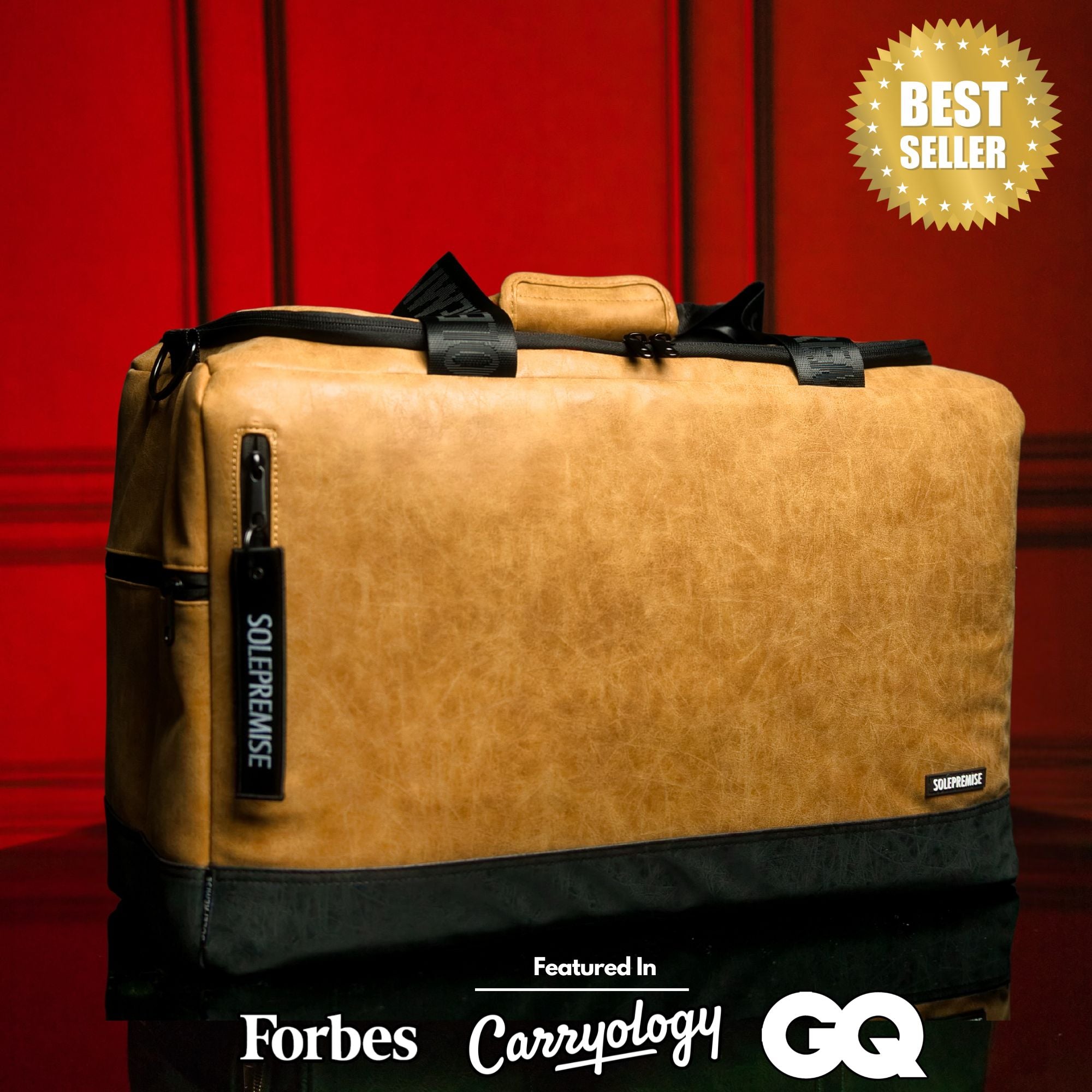 Brown travel bag with black accents on a red background, featuring 'Best Seller' badge and media outlets logos.