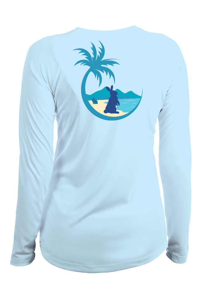 Light blue long-sleeve shirt with a graphic of a palm tree and beach scene on the back.