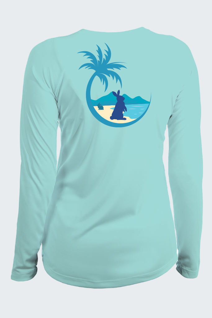 Light blue long-sleeve shirt with a palm tree and beach graphic on a white background