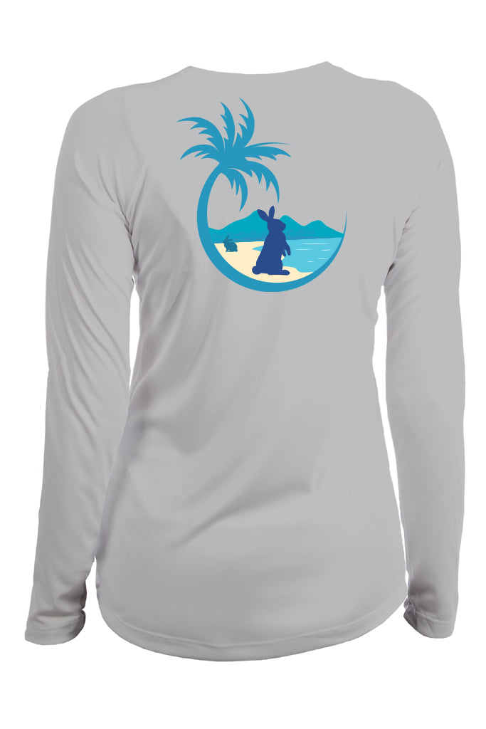 Gray long-sleeve shirt with a blue graphic of a palm tree and beach scene on a white background