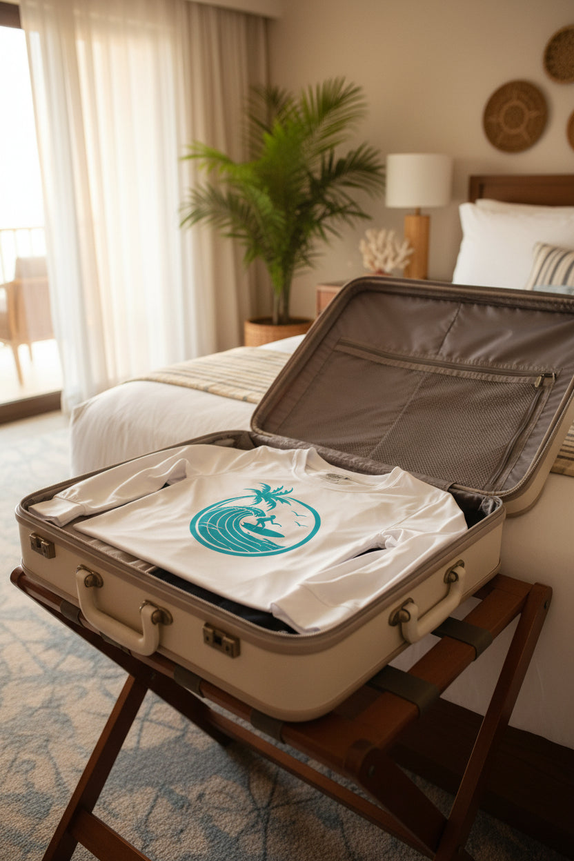 White long-sleeve shirt with a blue graphic of a palm tree and person on a beach.