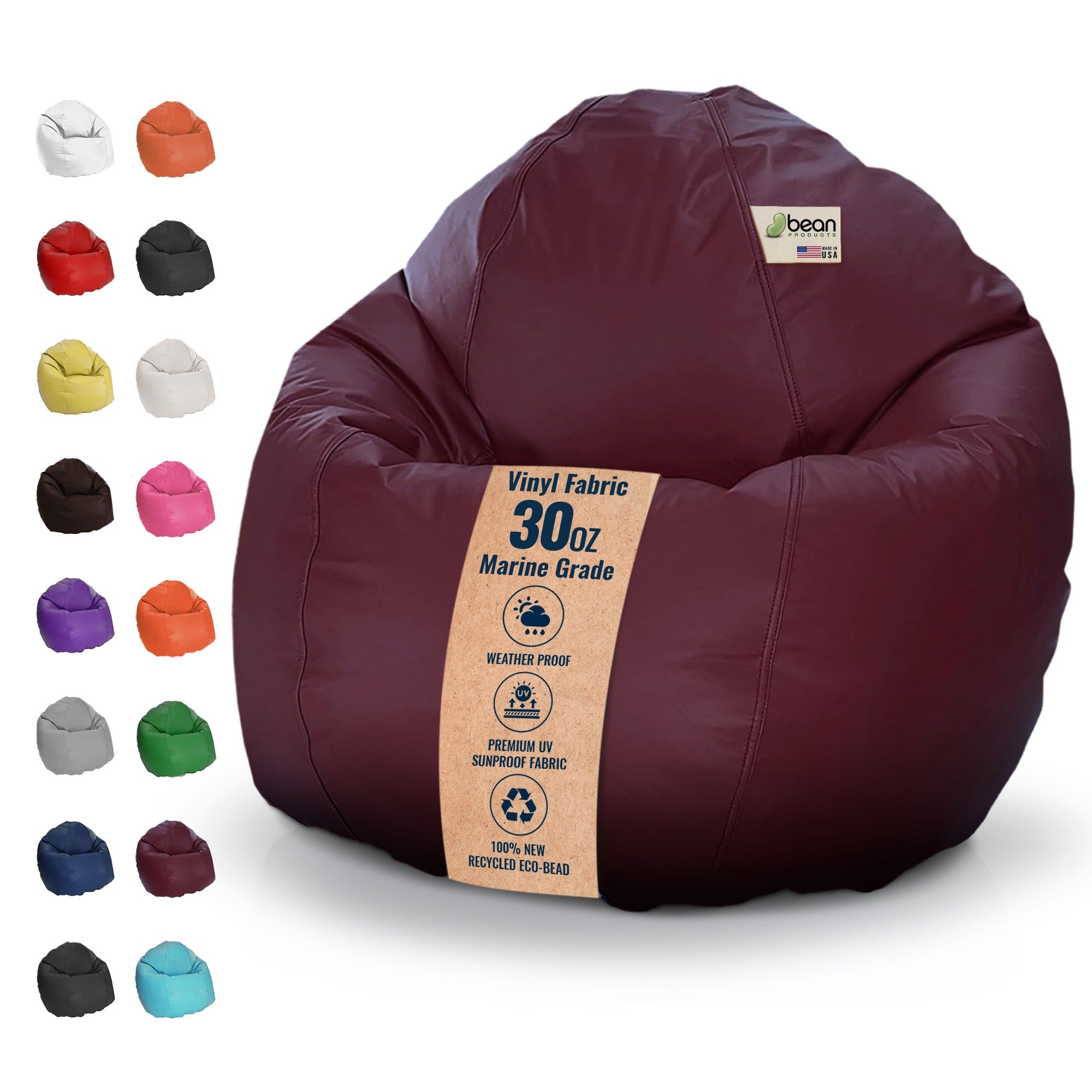 Maroon bean bag chair with vinyl fabric and color swatches on a white background