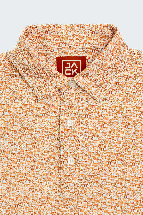 Patterned shirt with a brand logo on a white background
