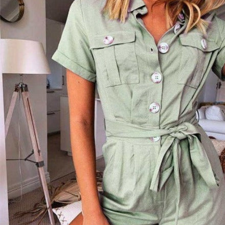 Button Down Green Playsuit with Sashes Tie Up