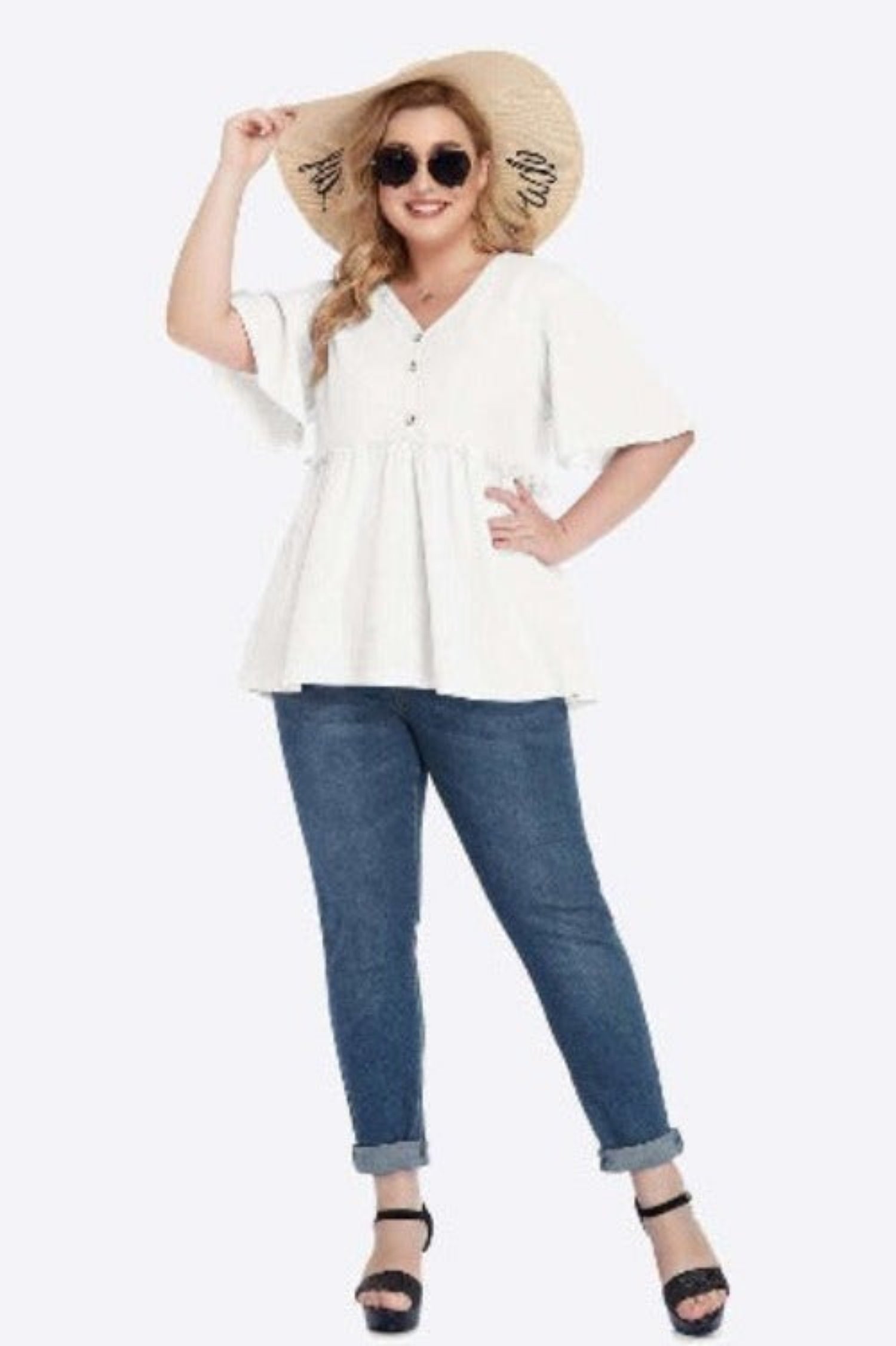 Buttoned V-Neck Frill Trim Babydoll Blouse