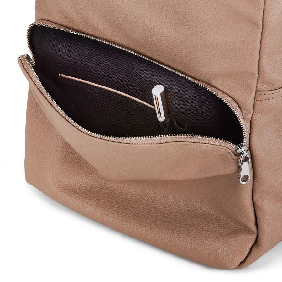 Brown leather bag with a zipper pocket on a white background