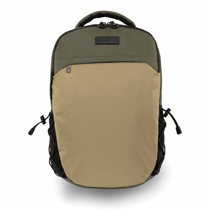 Backpack with green top section and beige bottom section on a white background