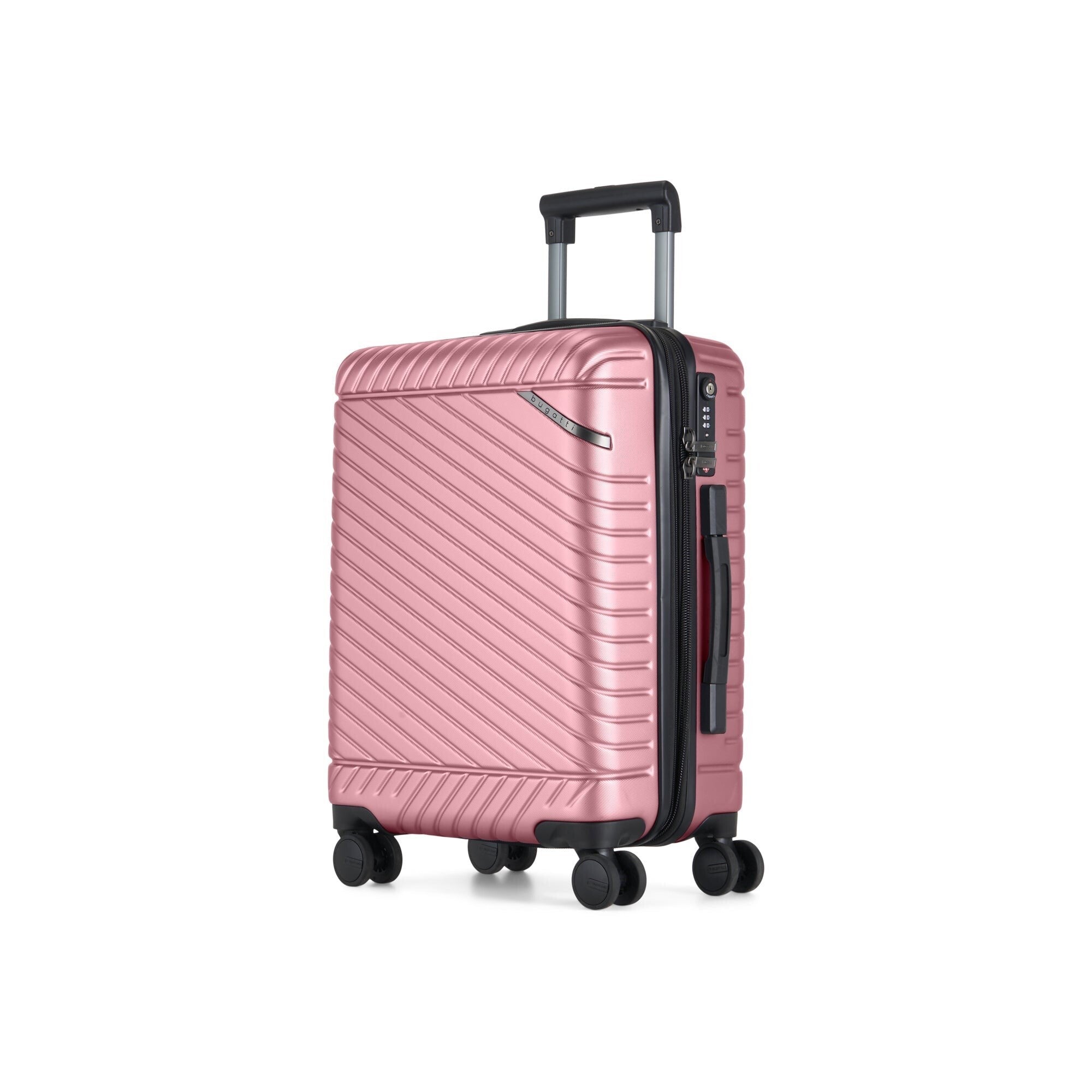 Pink suitcase with a textured design on a white background
