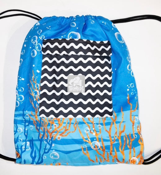 Drawstring bag with ocean-themed design featuring blue, white, and orange colors on a white background.