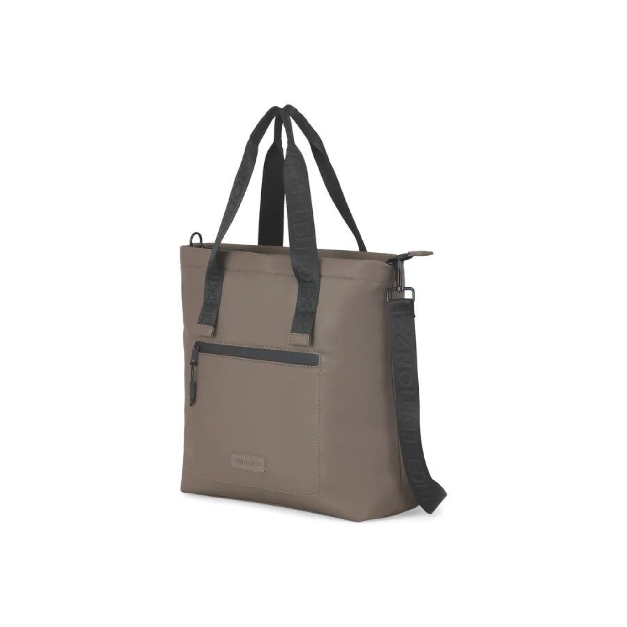 Brown tote bag with black straps on a white background
