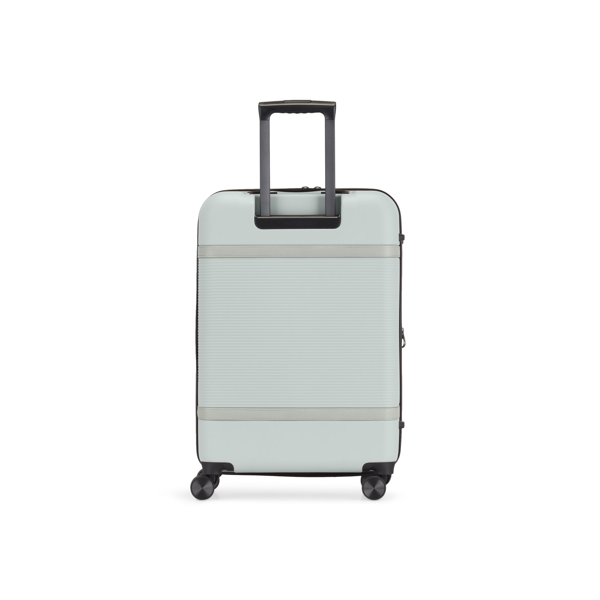 Light gray suitcase with black handle and wheels on a white background