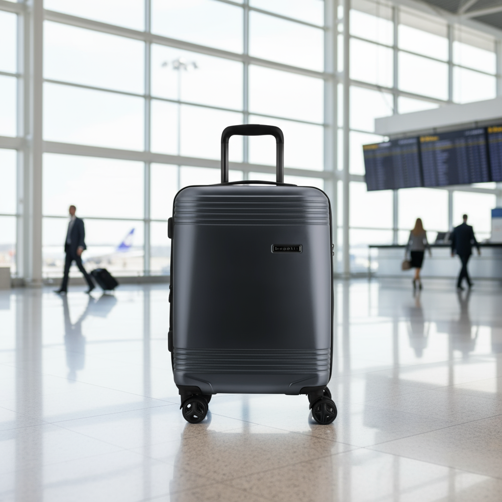 Black suitcase with a handle on a white background