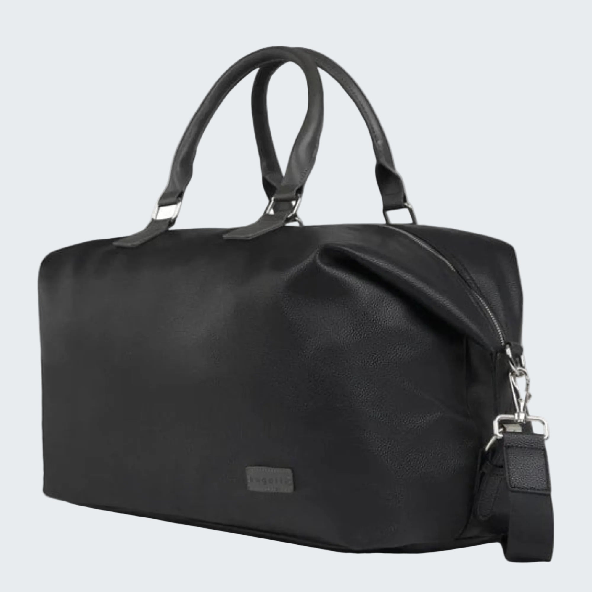 Black duffel bag with a strap on a white background
