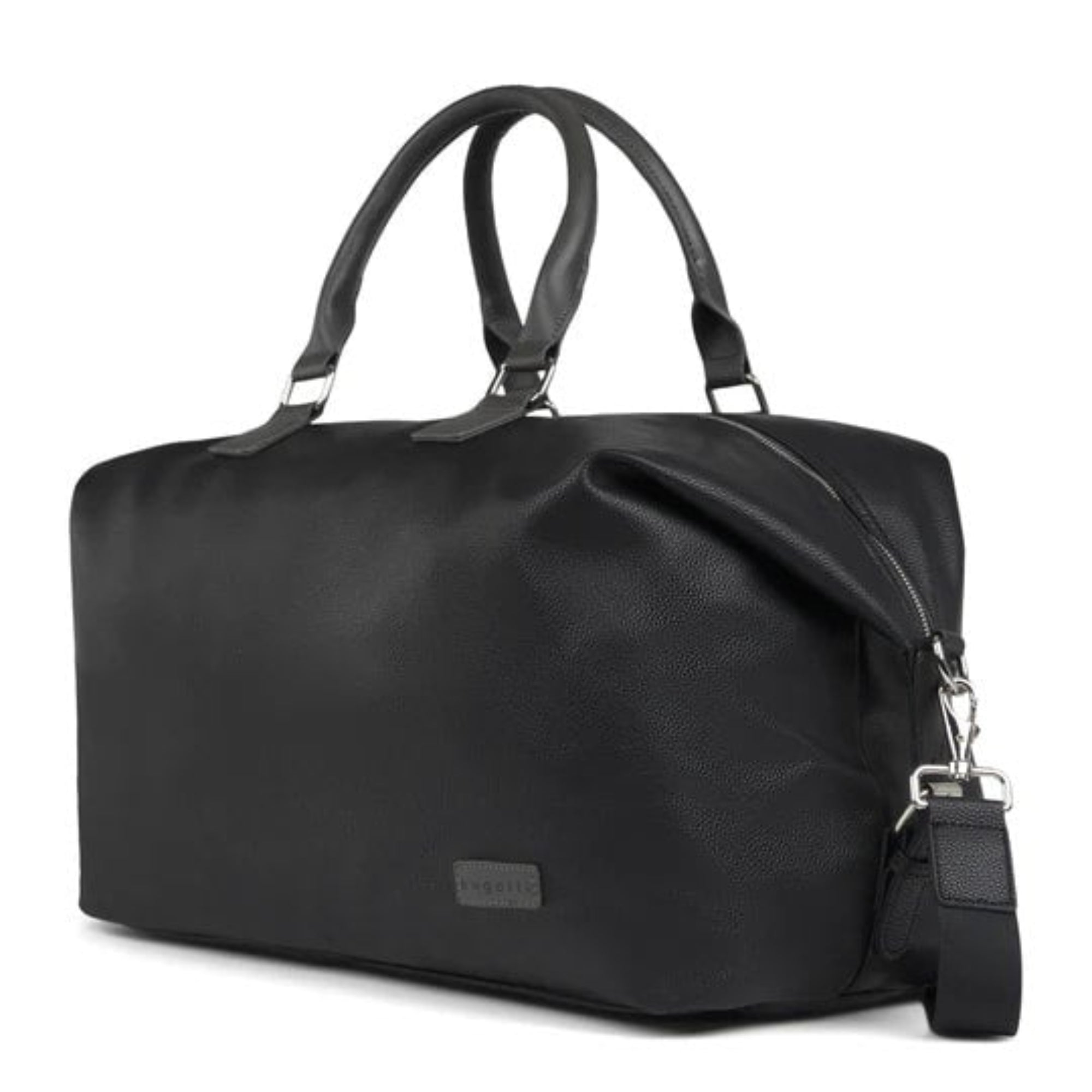 Black duffel bag with a strap on a white background