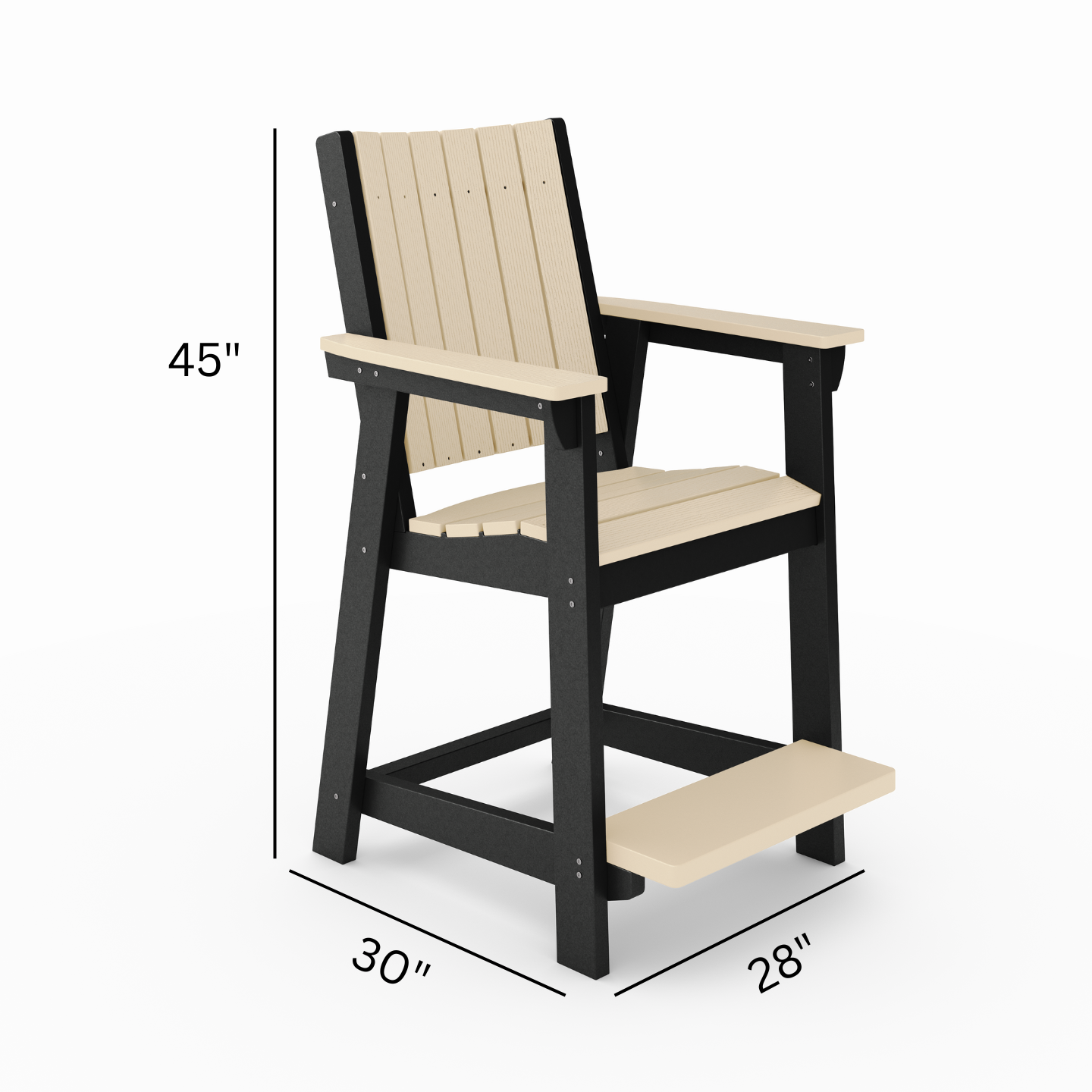 Wooden chair with dimensions labeled on a white background