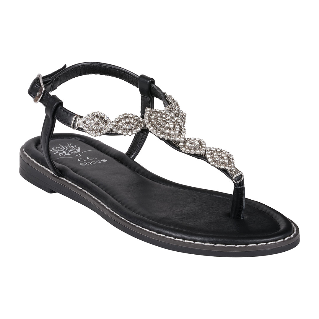 GC Shoes Cali Black Jeweled T-Strap Slingback Flat Sandals