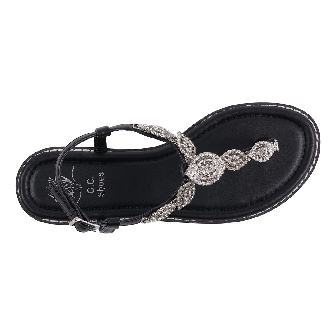 GC Shoes Cali Black Jeweled T-Strap Slingback Flat Sandals