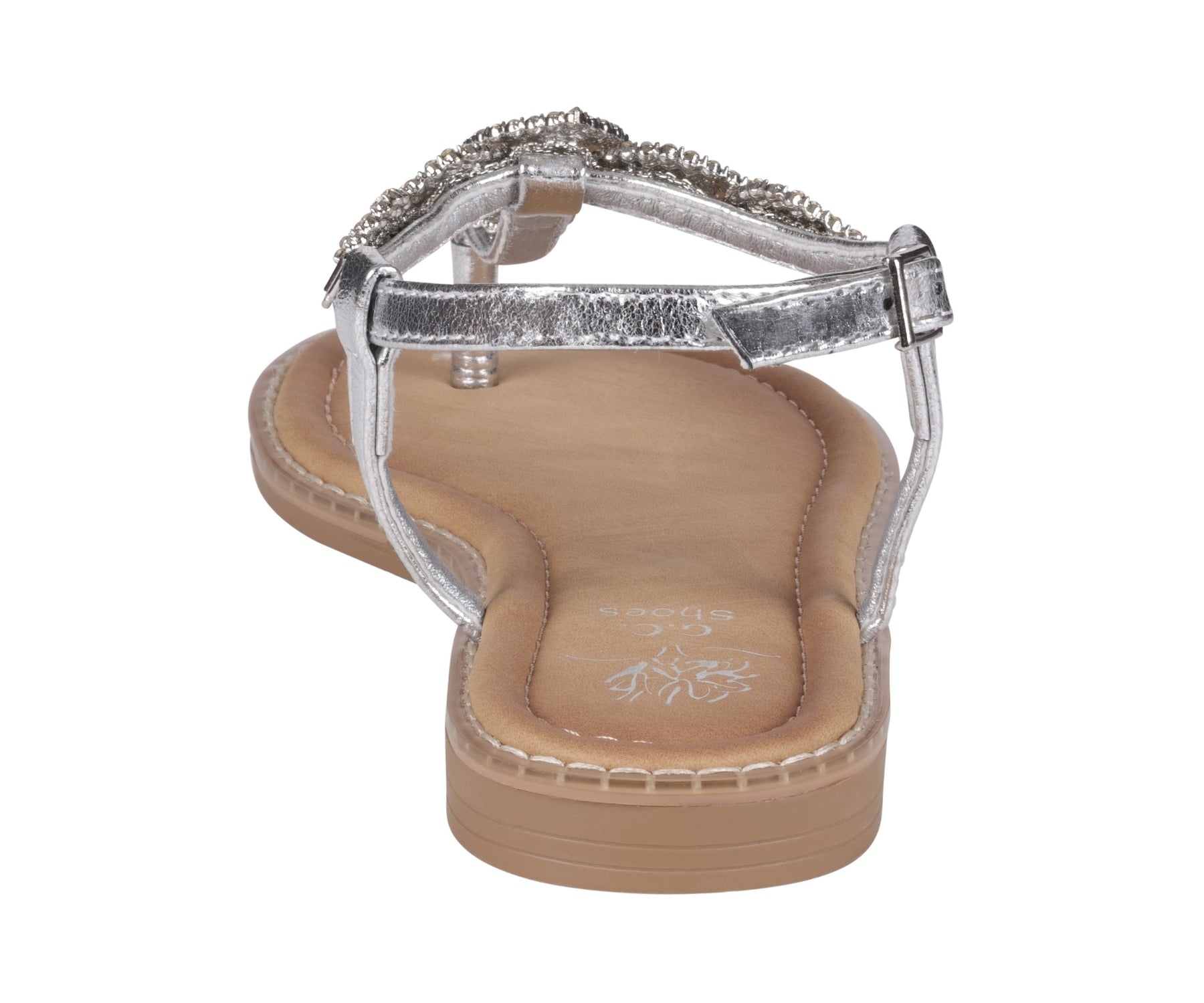 Silver sandal with embellishments on a white background