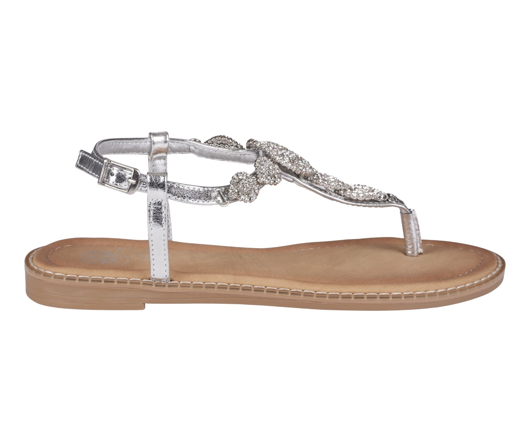 Silver sandal with embellishments on a white background