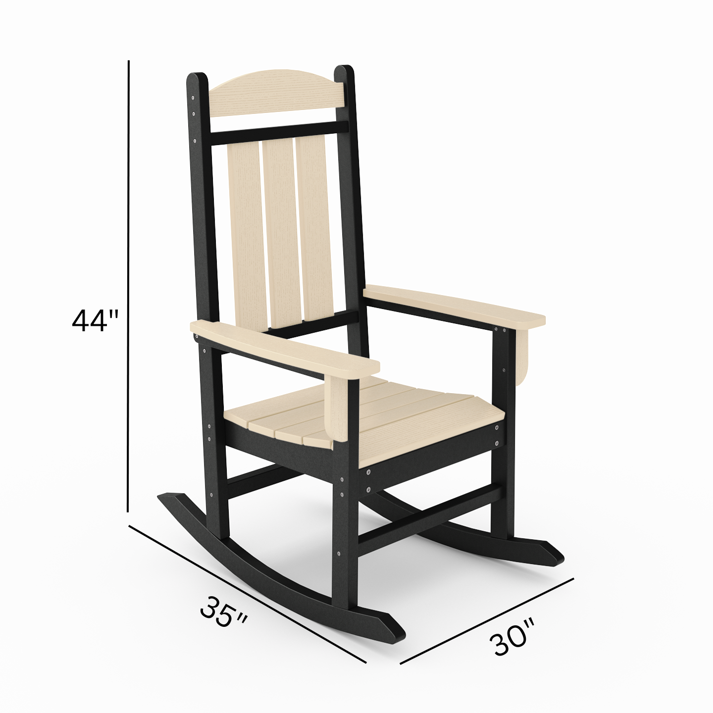 Black and beige rocking chair with dimensions on a white background