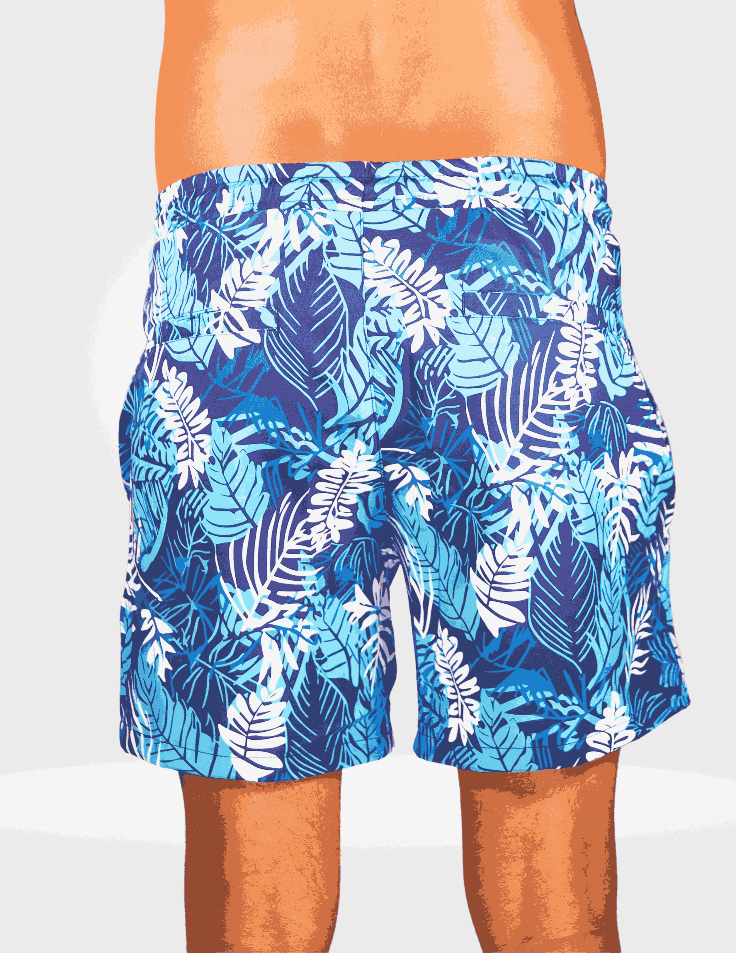 Blue and white leaf-patterned shorts on a plain background