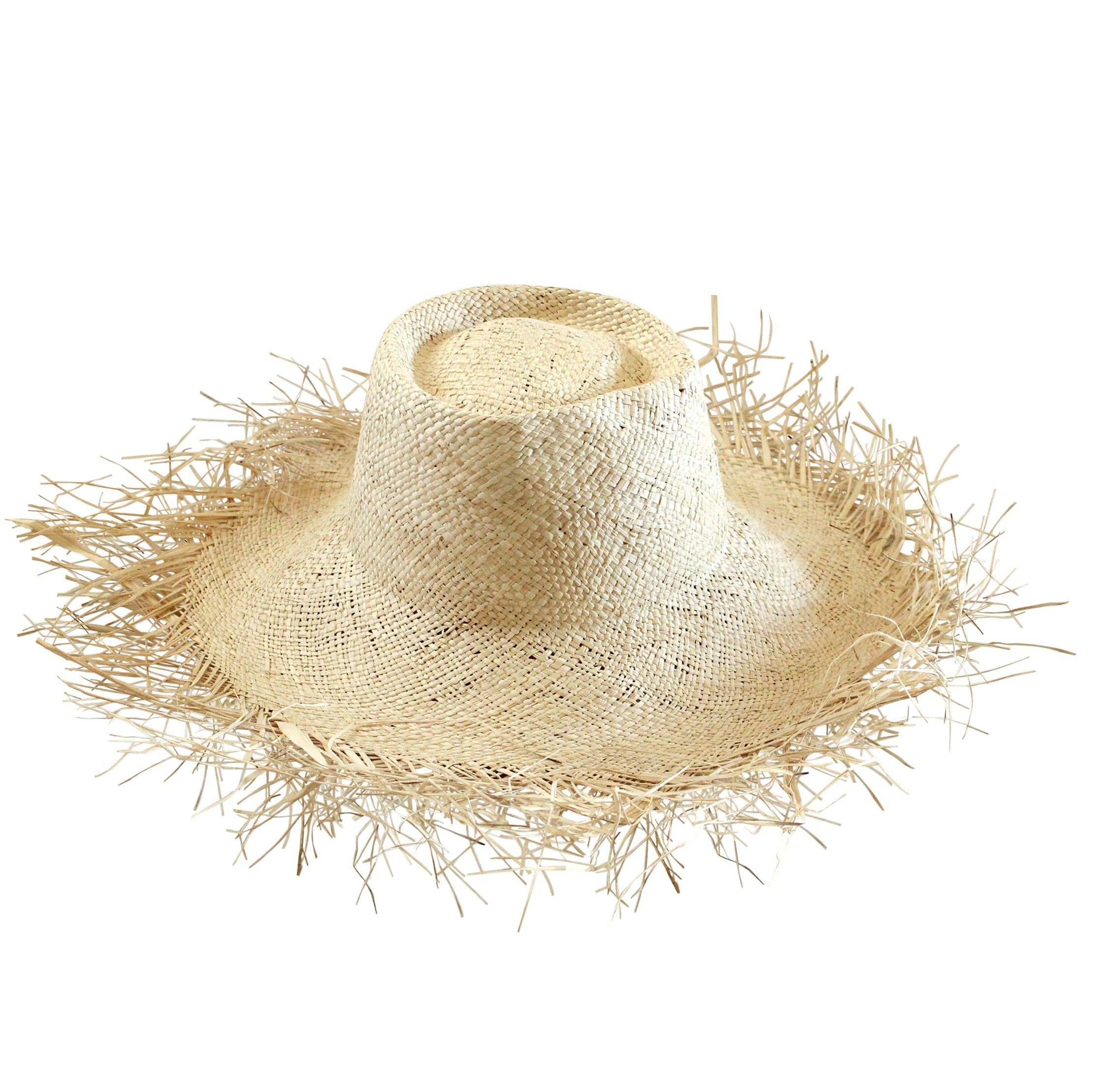 Beige straw hat with wide brim on a white background