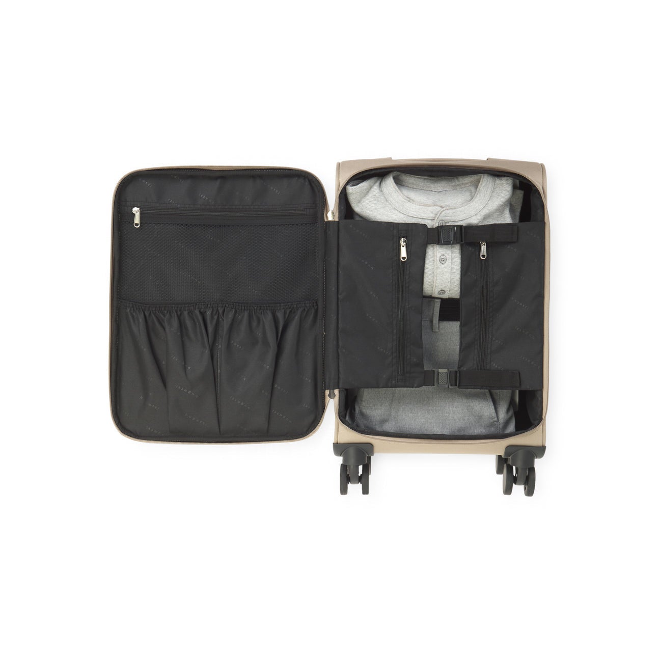 Open suitcase with clothes inside on a white background
