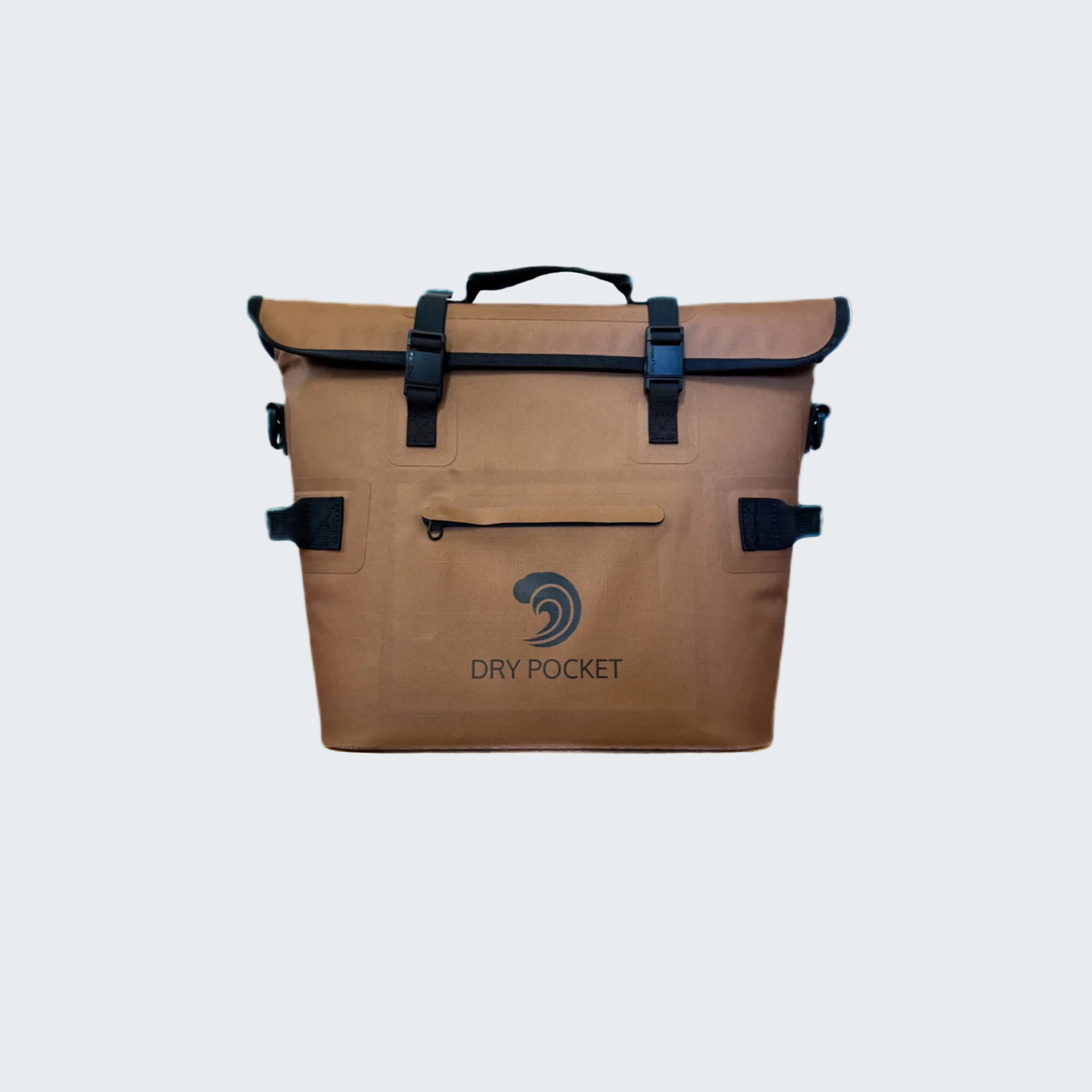 Brown bag with black straps and 'Dry Pocket' logo on a white background