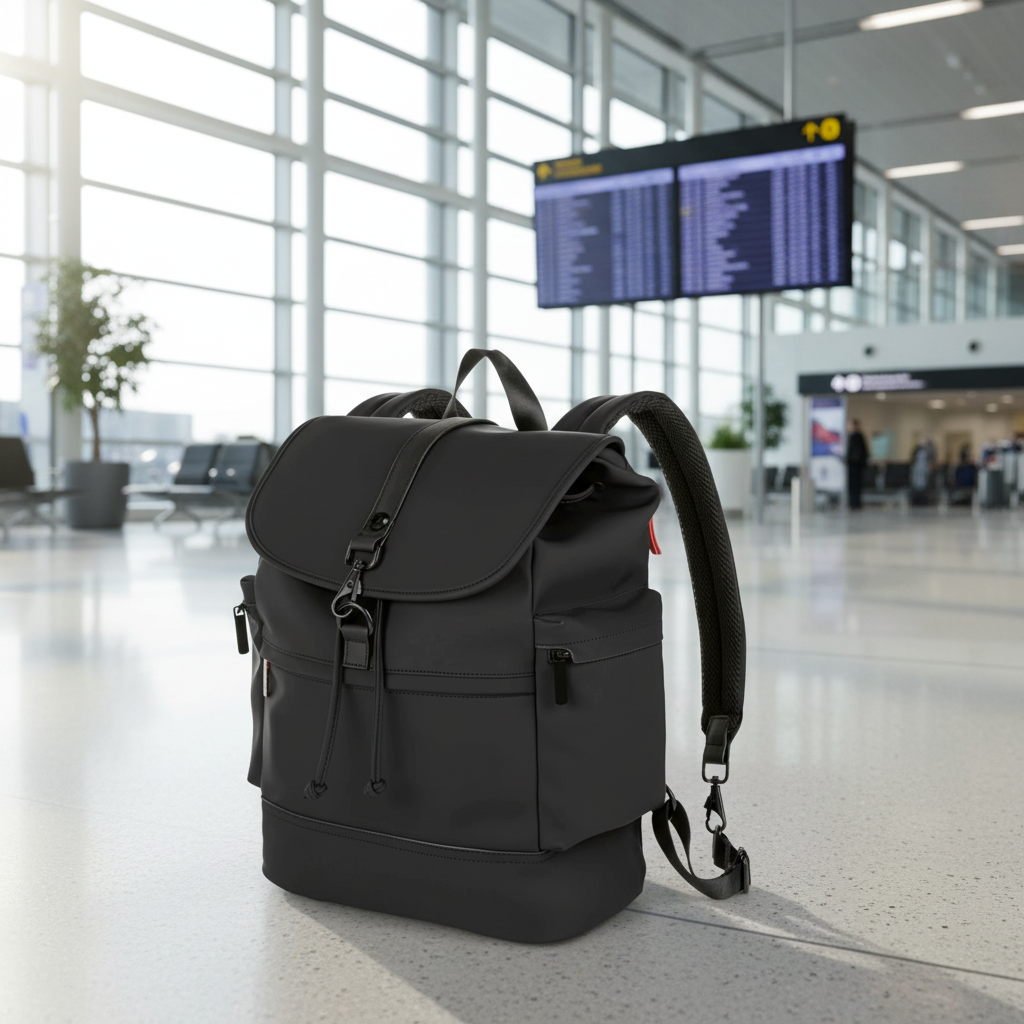 Black backpack on a white background