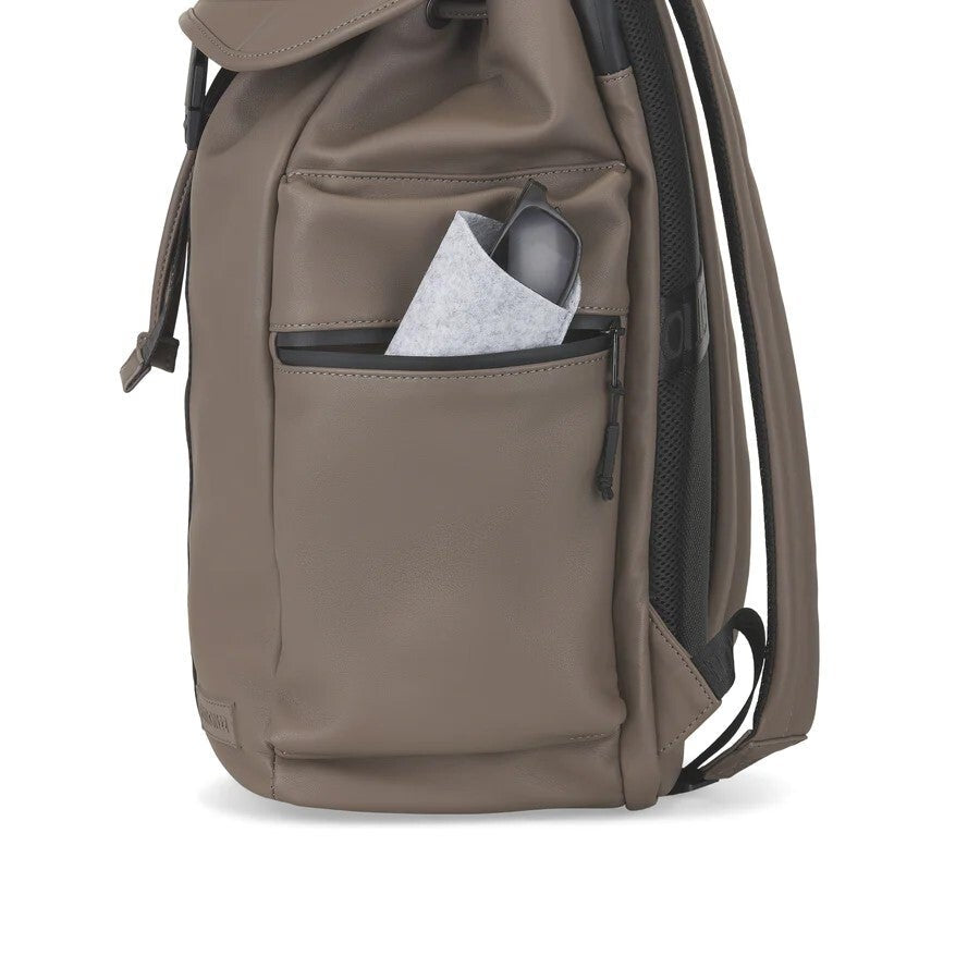 Brown backpack with a front pocket on a white background