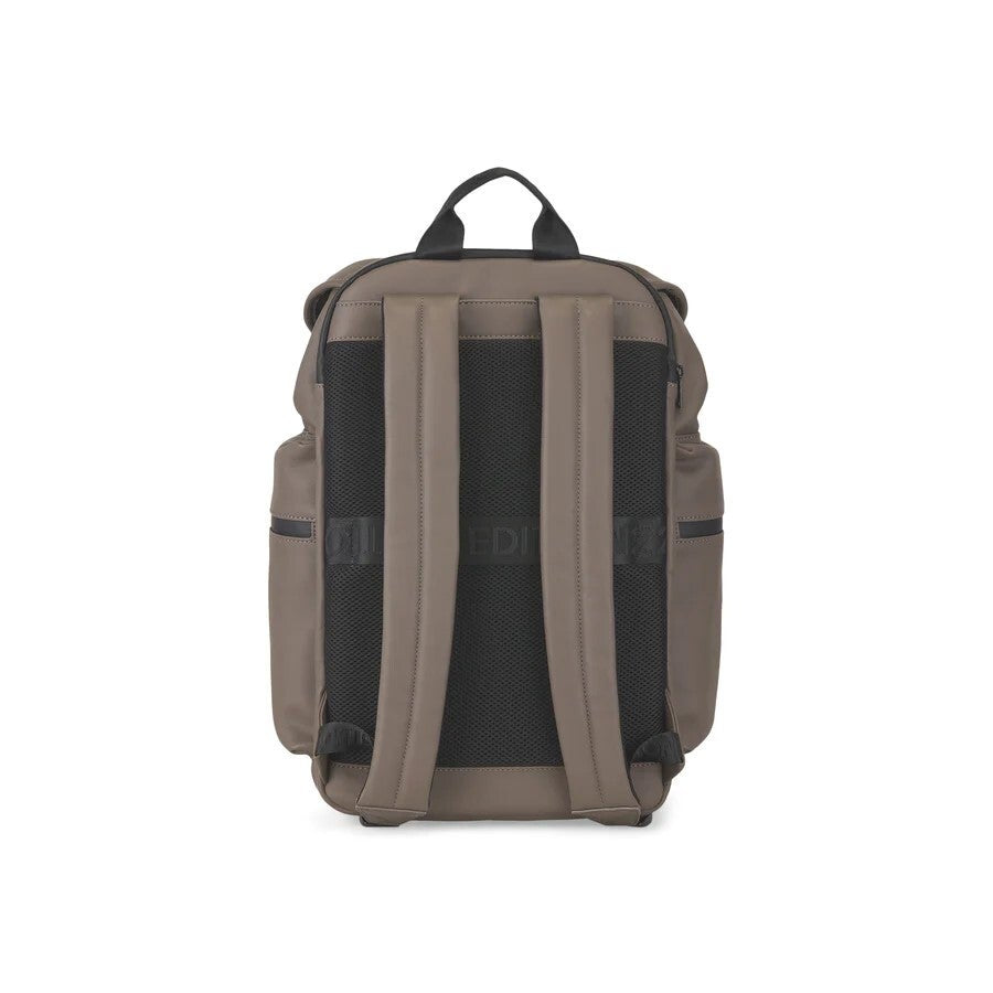 Brown backpack with black straps on a white background