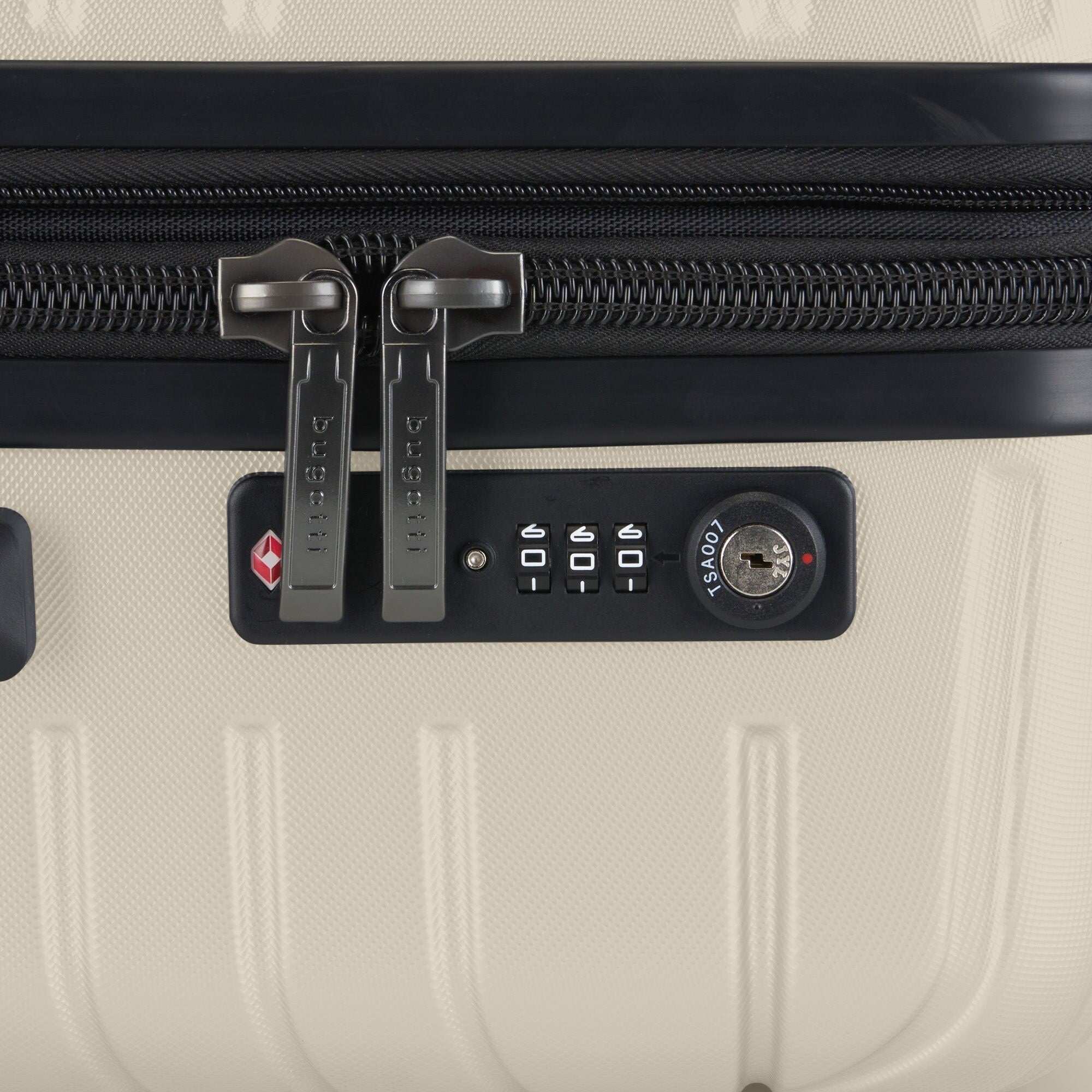 Close-up of a suitcase with a digital lock and brand logo.
