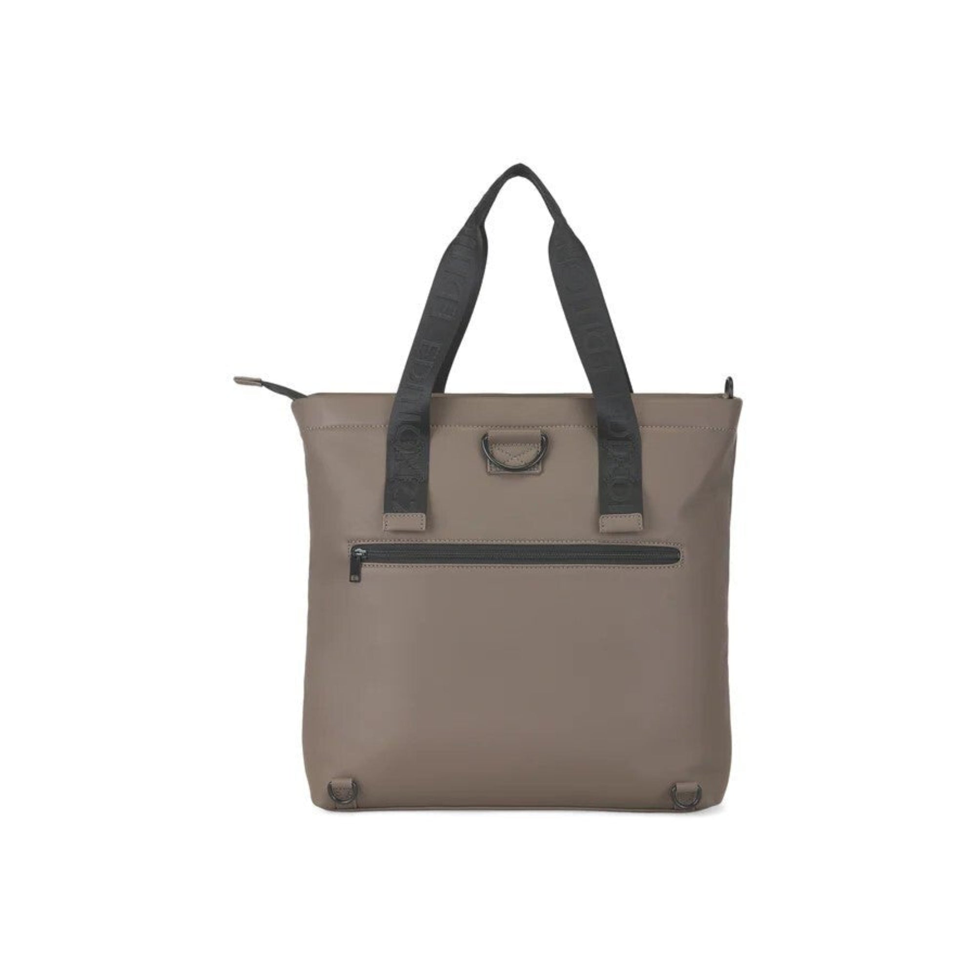 Brown tote bag with black straps on a white background