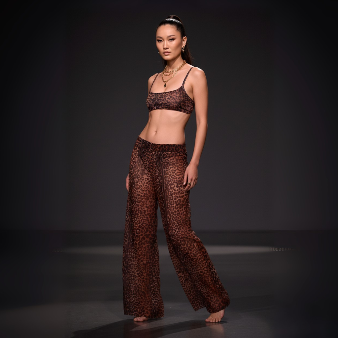 Model wearing a leopard print outfit on a dark background