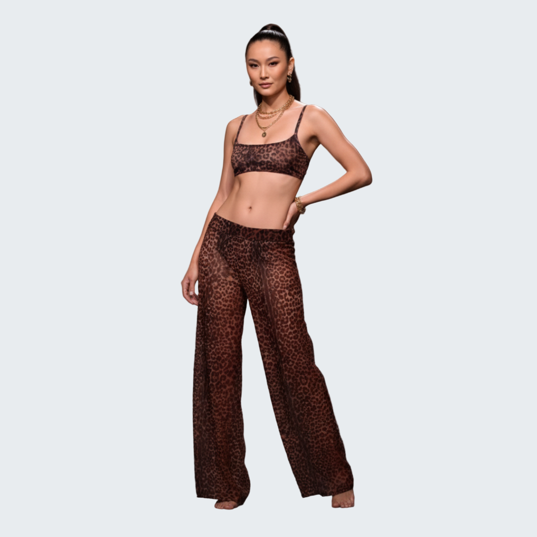 Model wearing a leopard print outfit on a dark background