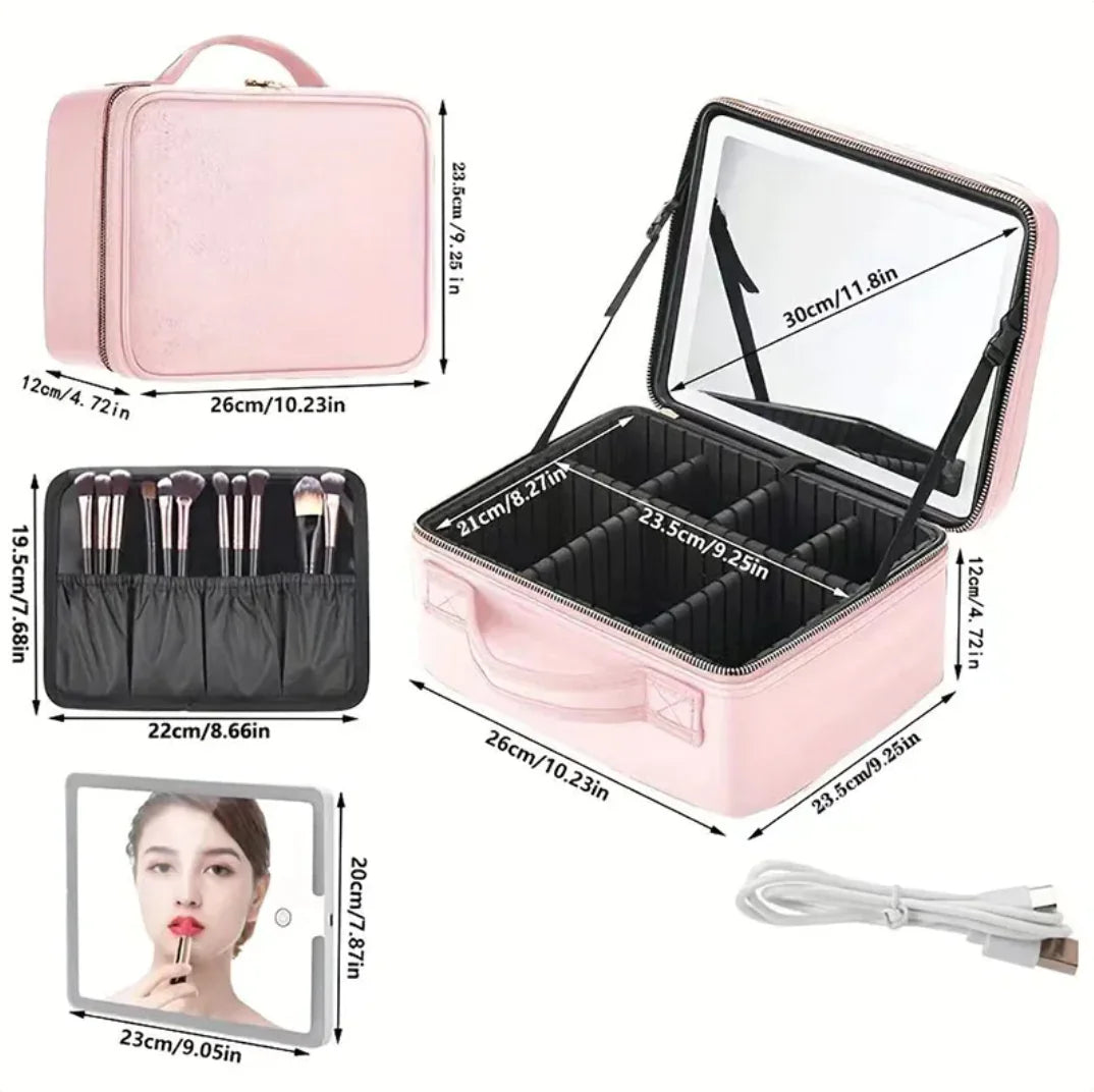 Pink makeup case with dimensions, mirror, brush set, and cable on a white background